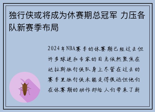 独行侠或将成为休赛期总冠军 力压各队新赛季布局